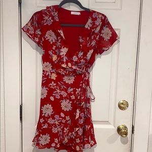 Lush red flower print wrap dress